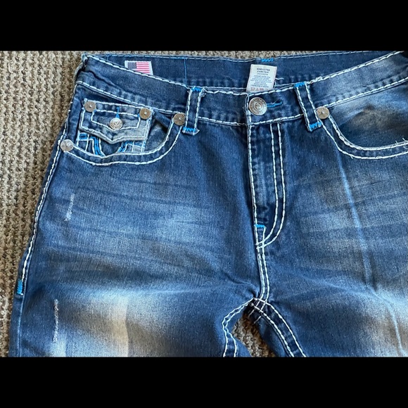 True Religion Ricky Super T Men’s Jeans Blue Patch Thick Stitch Size 38x34 - Picture 7 of 14